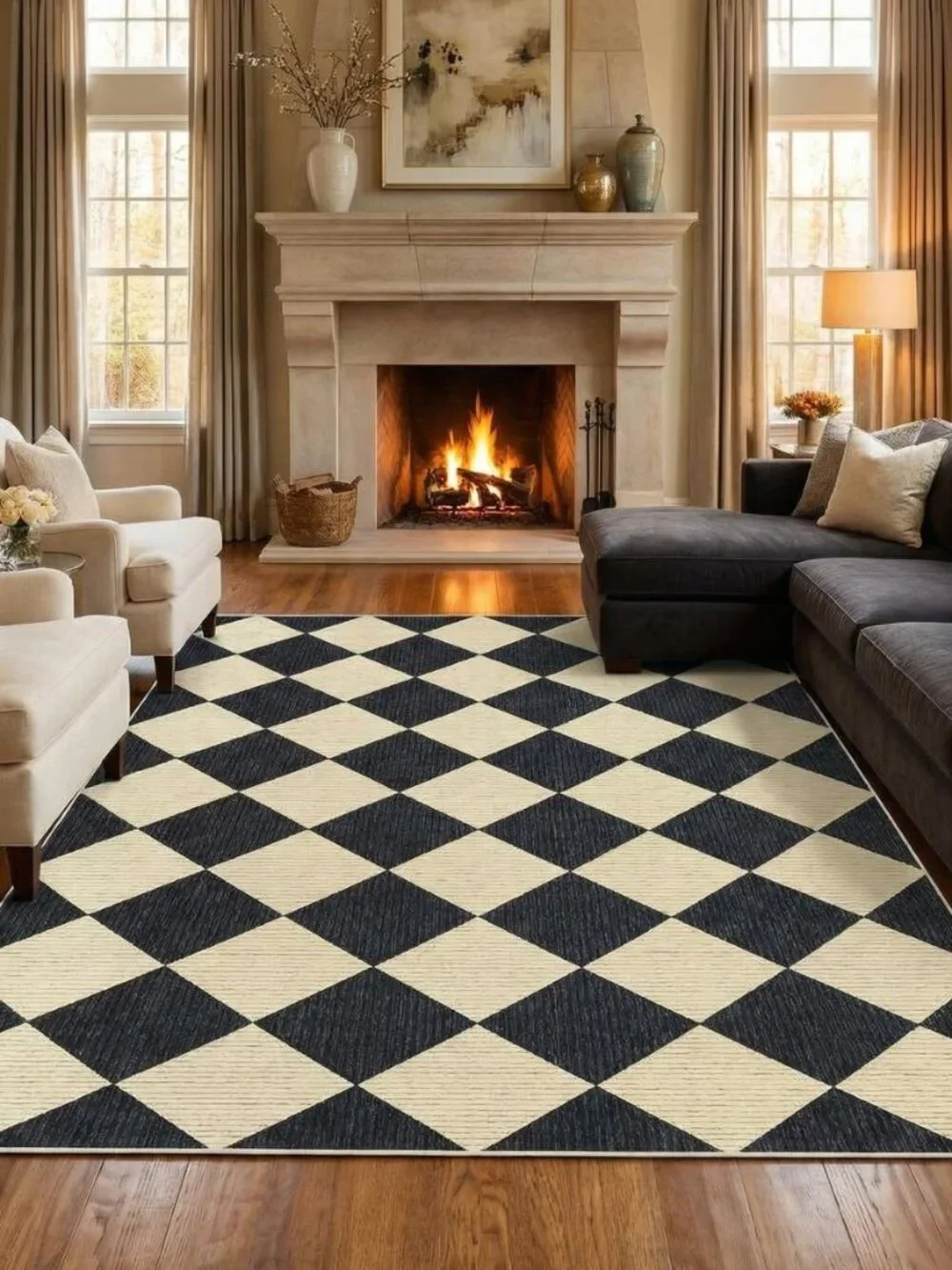 5x7 Checkered Area Rug Black and Brown Washable Living Room Rug